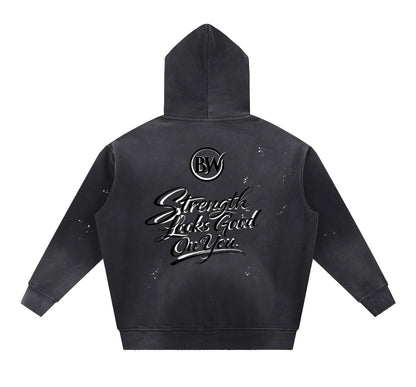 BW Vintage Washed Frayed Fleece Hoodie (Strength looks good on you)