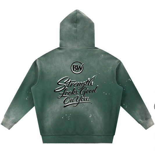 BW Vintage Washed Frayed Fleece Hoodie (Strength looks good on you)
